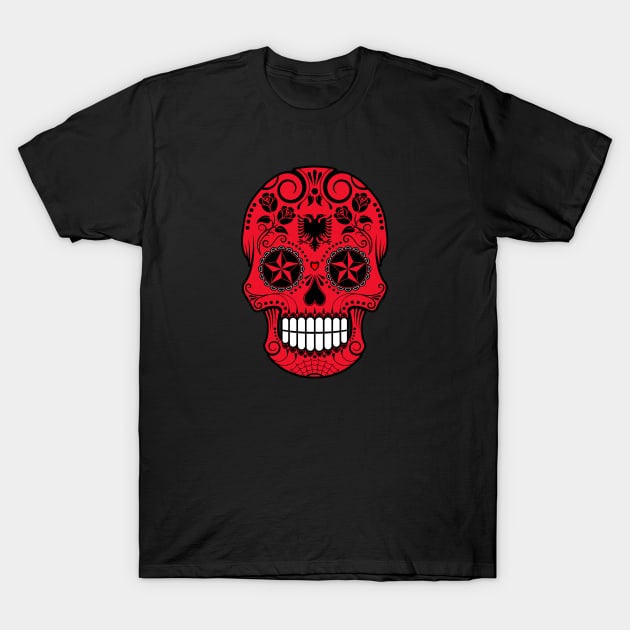 Albanian Flag Sugar Skull with Roses T-Shirt by jeffbartels